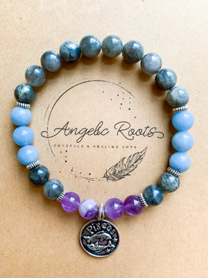 PISCES Amethyst, Labradorite, Angelite Beaded Bracelet || Reiki Infused