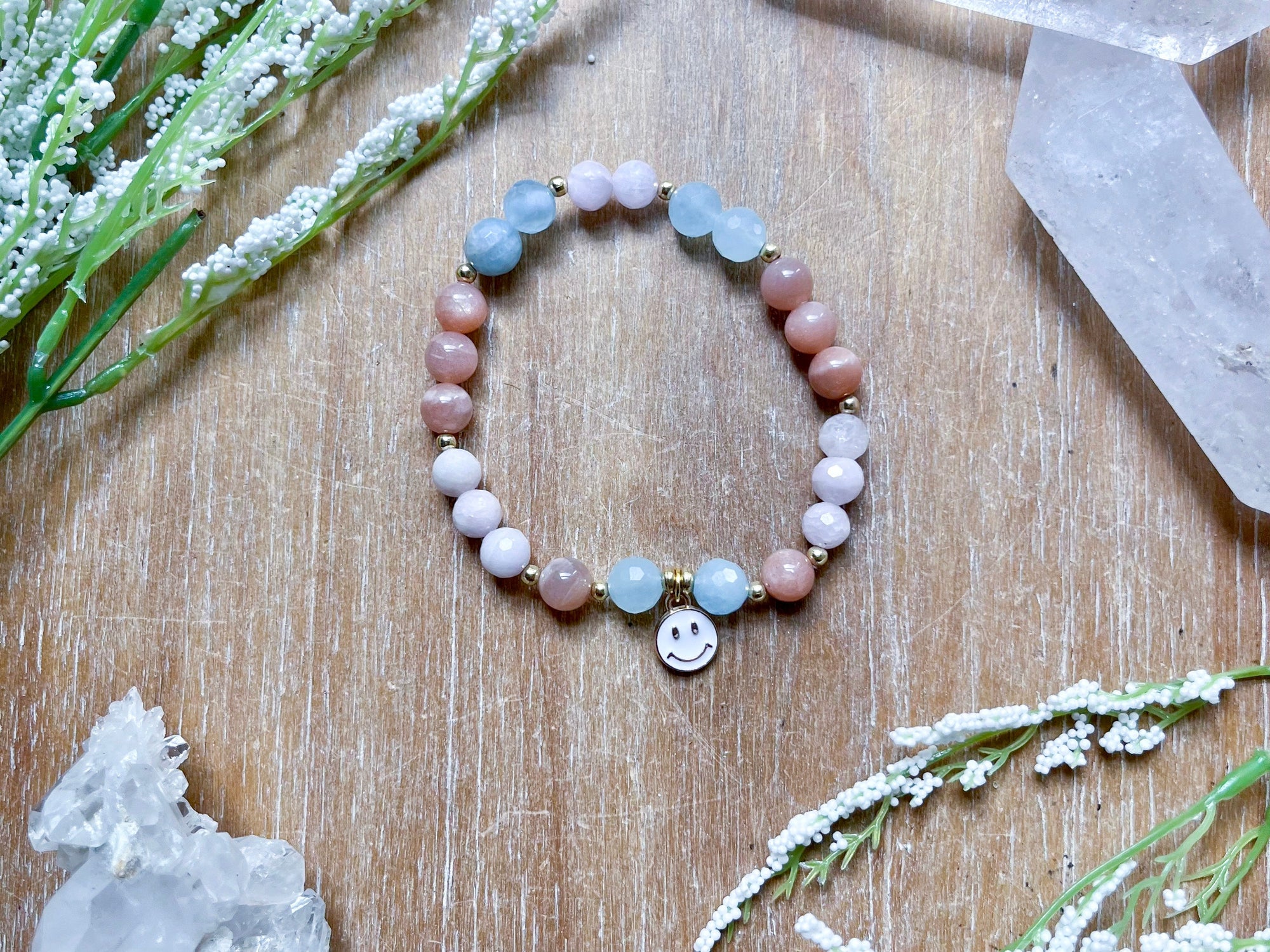 Kunzite, Aquamarine & Peach Moonstone Smiley Beaded Bracelet || Reiki Infused