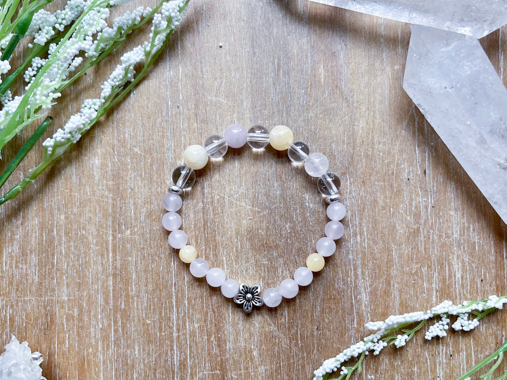 Yellow Calcite, Rose Quartz & Clear Quartz Flower Beaded Bracelet || Reiki Infused