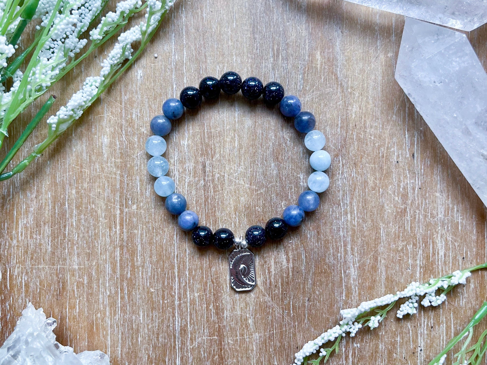 Blue Sandstone, Tanzanite & Aquamarine Moon Beaded Bracelet || Reiki Infused