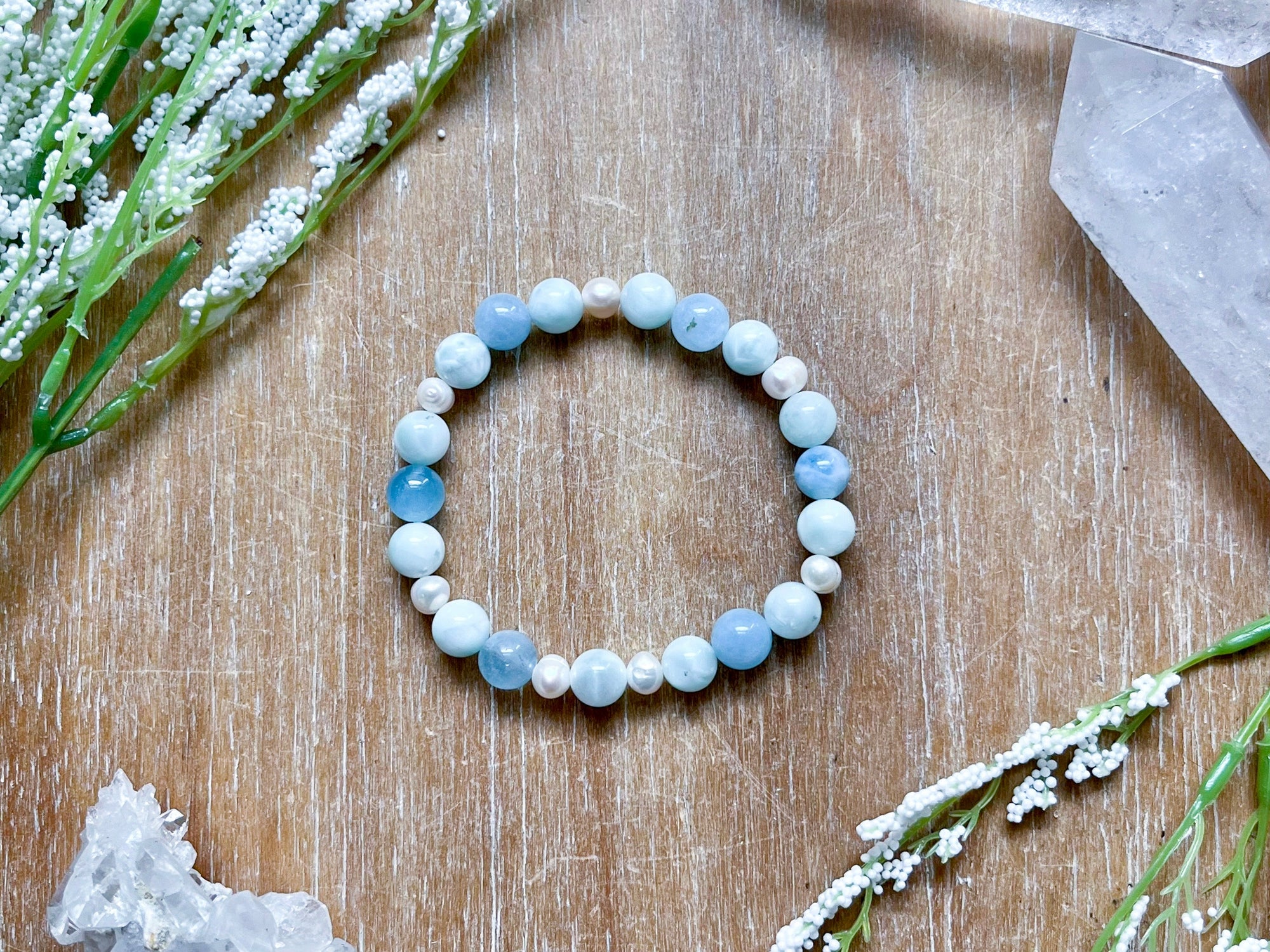 Green Angelite, Mother of Pearl & Aquamarine Beaded Bracelet || Reiki Infused