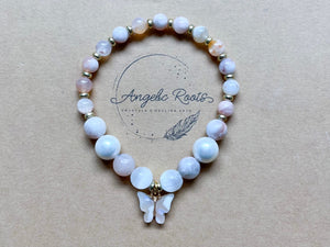 Flower Agate, Mother of Pearl & Selenite with Butterfly Beaded Bracelet || Reiki Infused