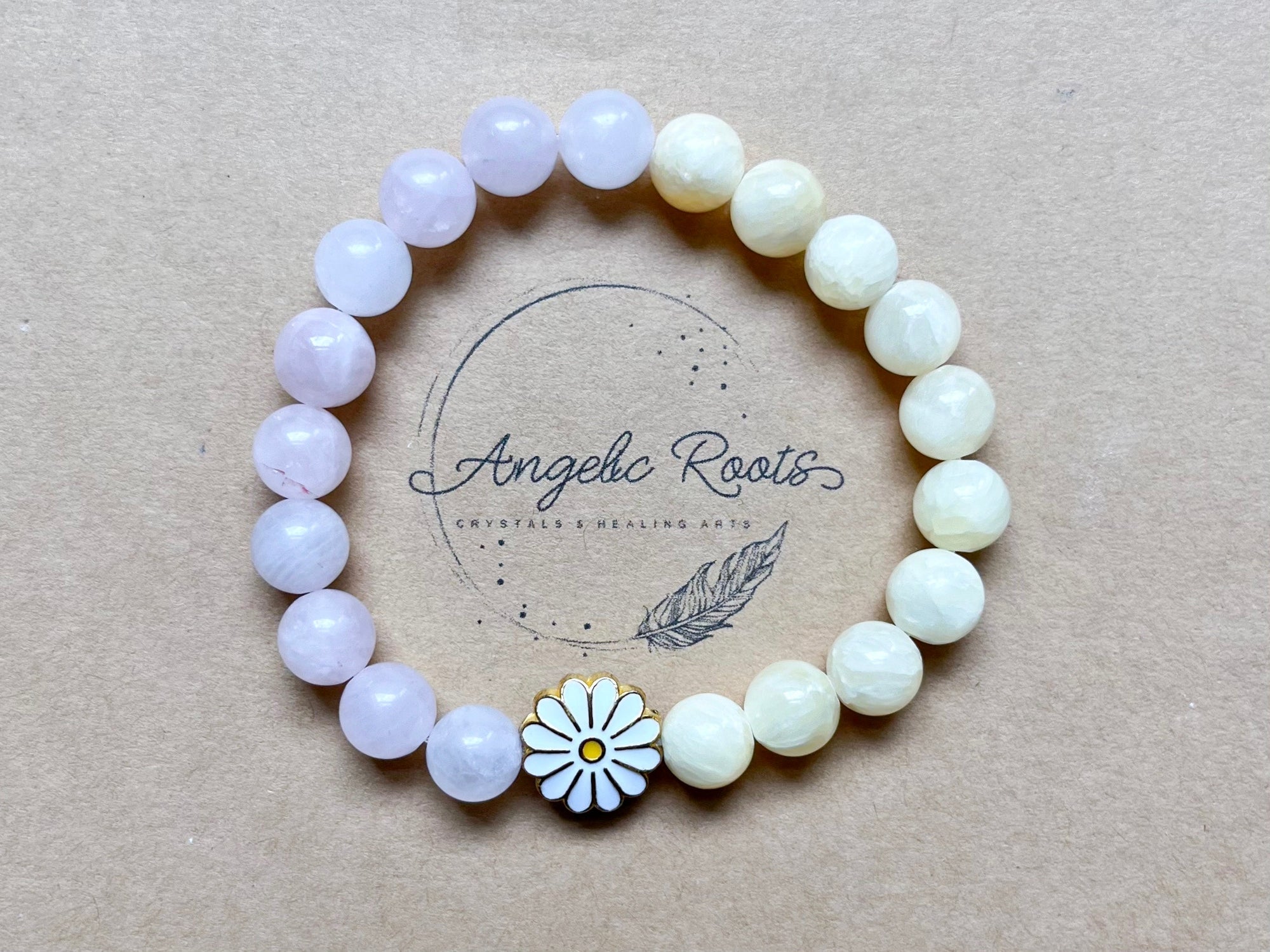 Yellow Calcite & Rose Quartz Daisy Beaded Bracelet || Reiki Infused