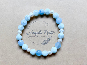 Green Angelite, Mother of Pearl & Aquamarine Beaded Bracelet || Reiki Infused
