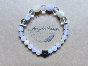 Yellow Calcite, Rose Quartz & Clear Quartz Flower Beaded Bracelet || Reiki Infused