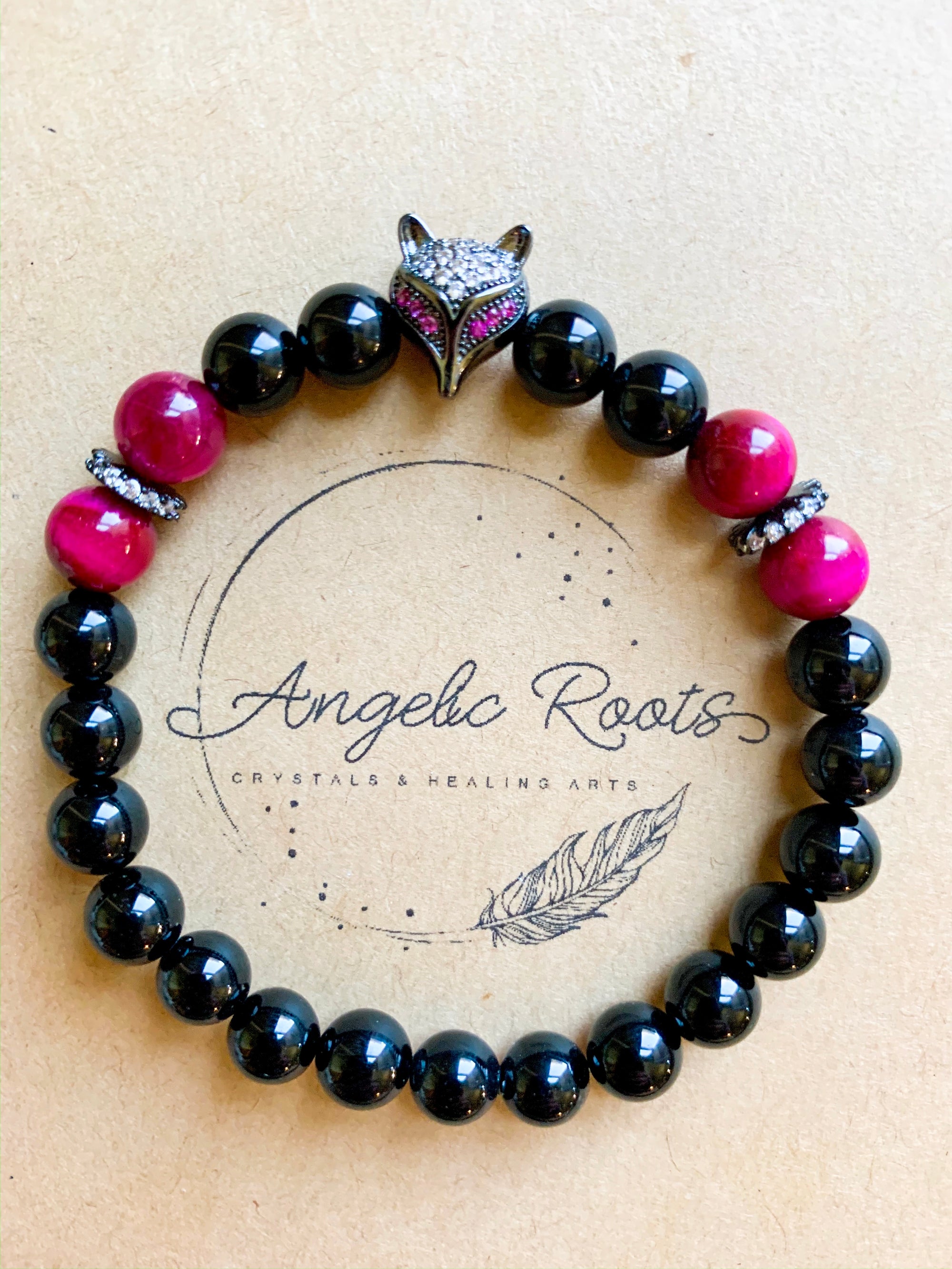 Magenta Tiger Eye and Onyx Beaded Bracelet || Reiki Infused