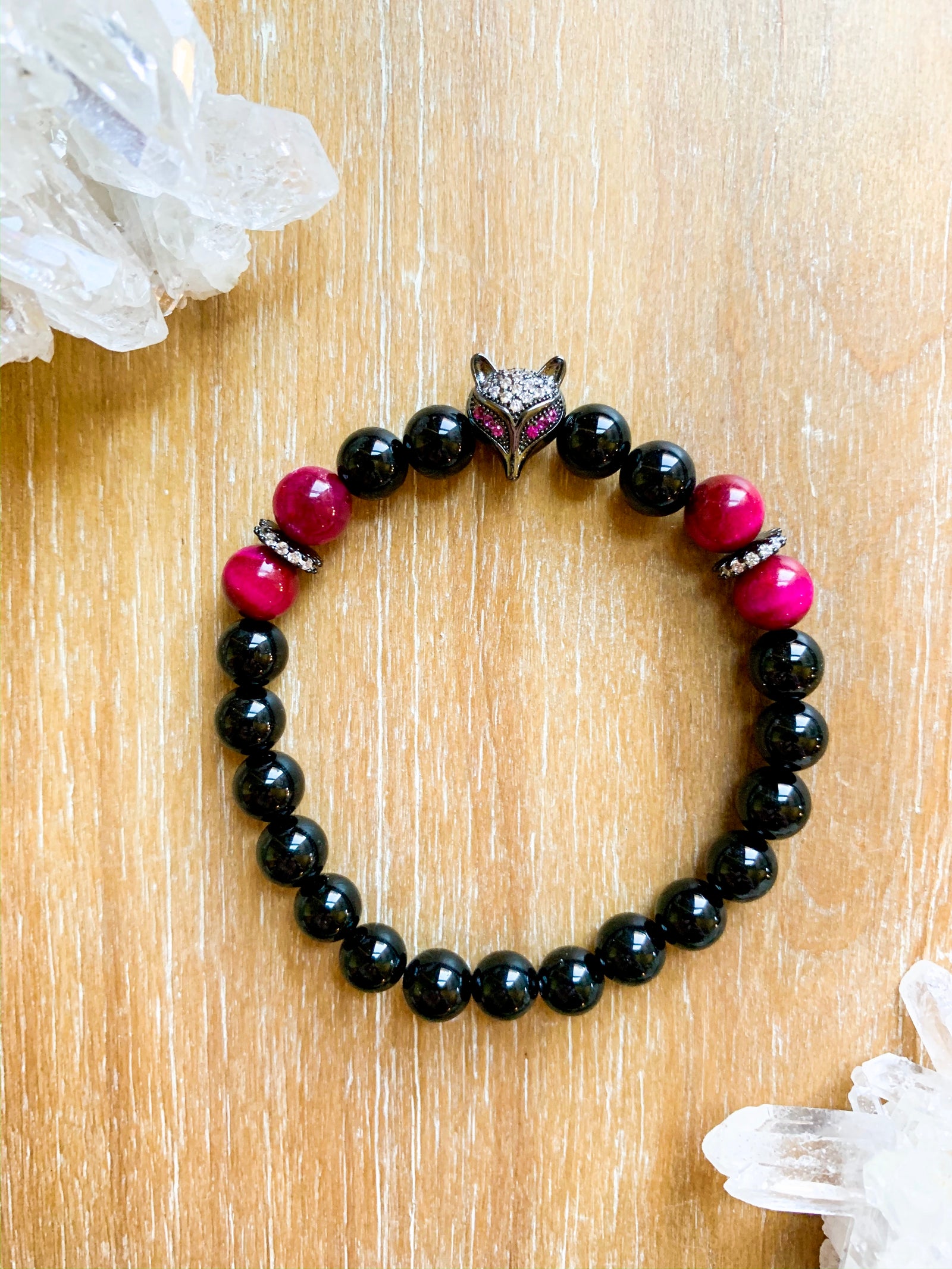 Magenta Tiger Eye and Onyx Beaded Bracelet || Reiki Infused