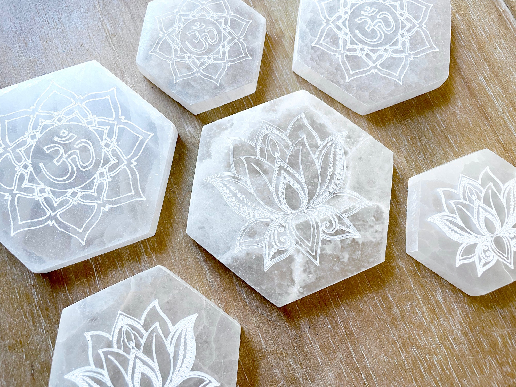 Engraved Selenite Hexagon Charging Plate - Lotus/Om