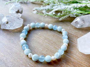 Green Angelite, Mother of Pearl & Aquamarine Beaded Bracelet || Reiki Infused