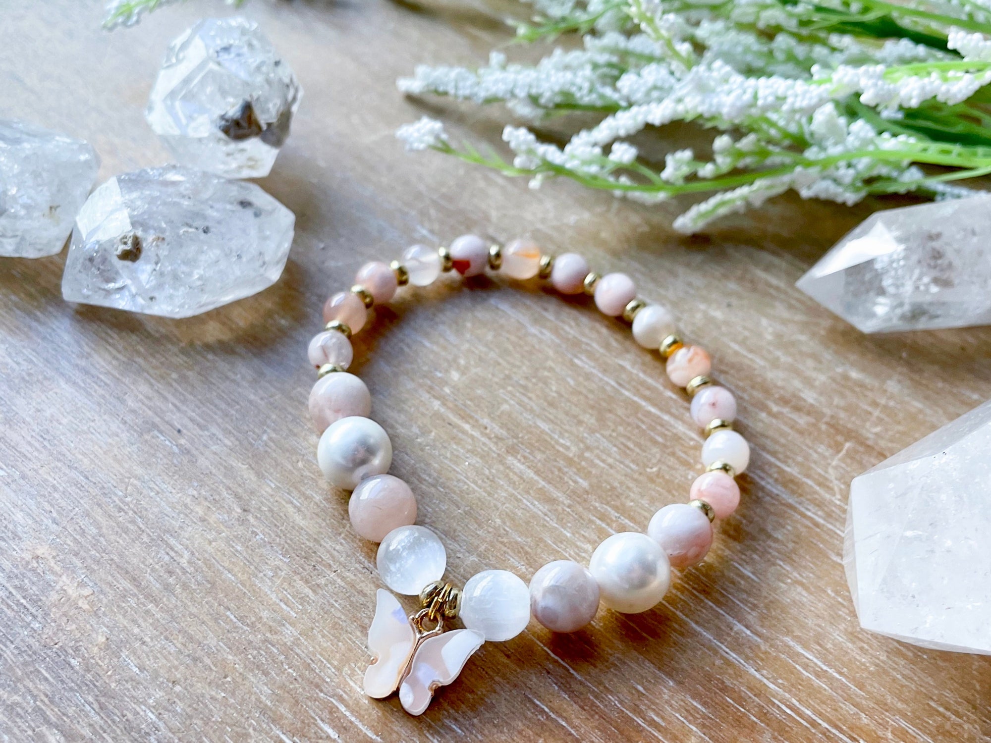 Flower Agate, Mother of Pearl & Selenite with Butterfly Beaded Bracelet || Reiki Infused