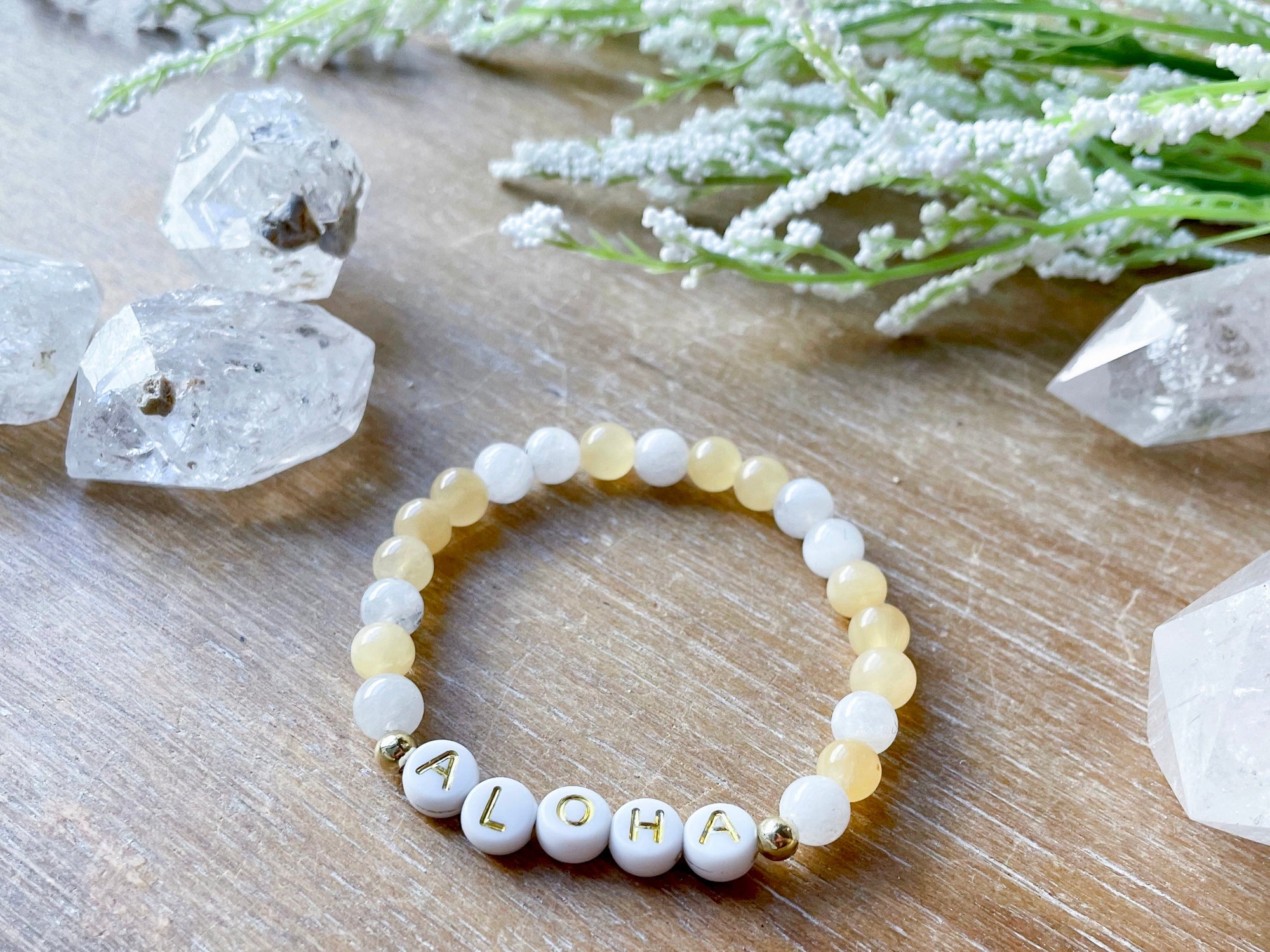 Yellow Calcite & Moonstone "ALOHA" Beaded Bracelet || Reiki Infused