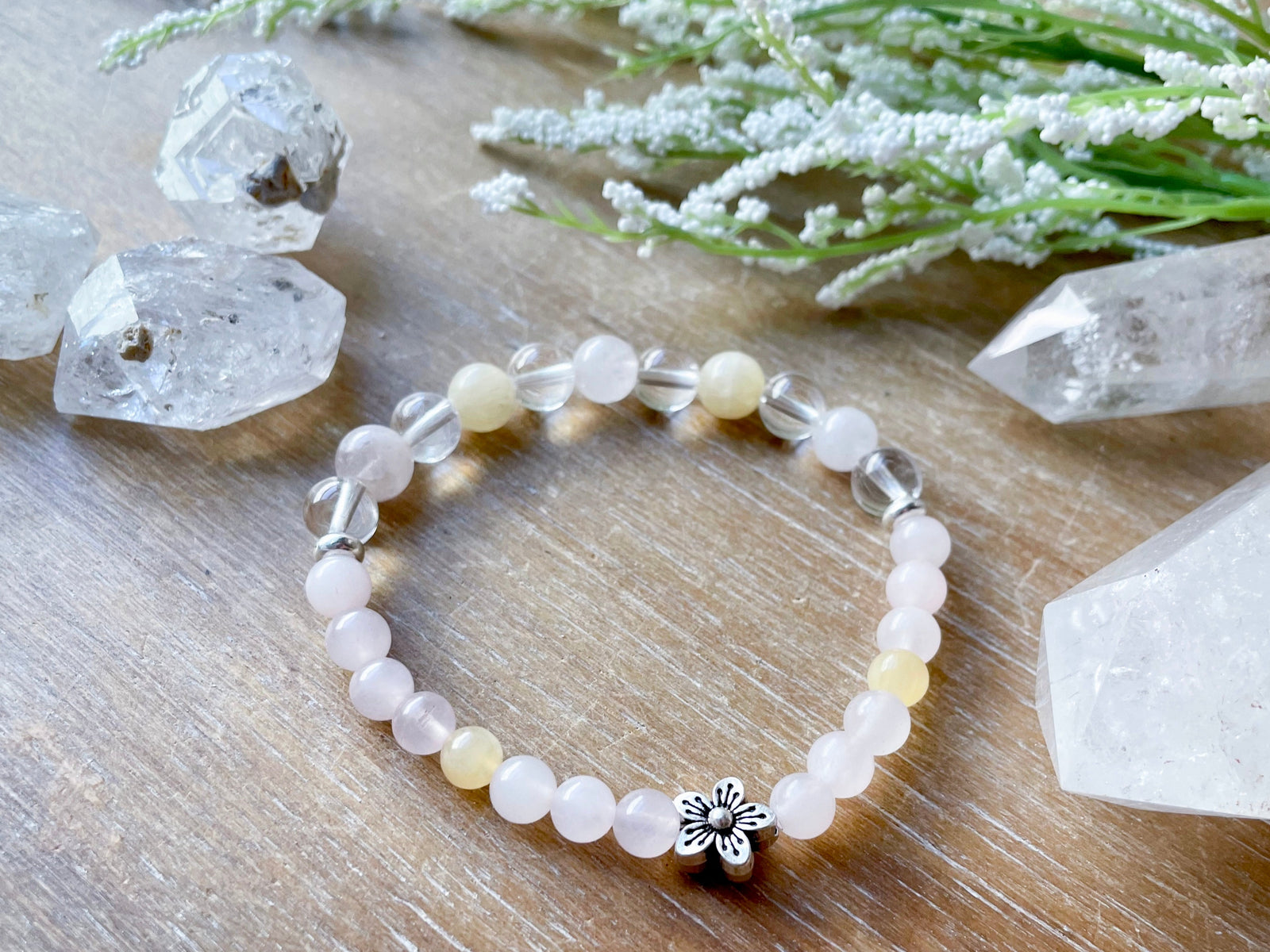 Yellow Calcite, Rose Quartz & Clear Quartz Flower Beaded Bracelet || Reiki Infused