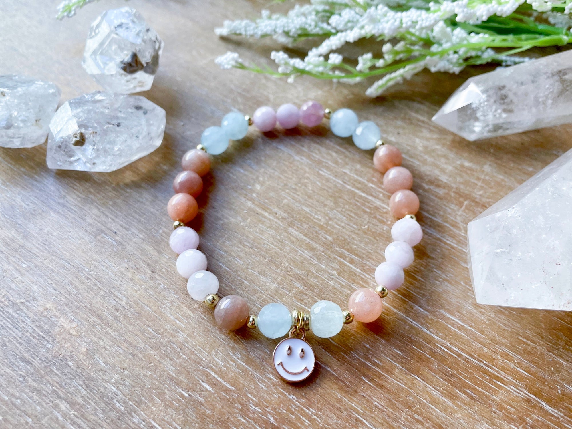 Kunzite, Aquamarine & Peach Moonstone Smiley Beaded Bracelet || Reiki Infused