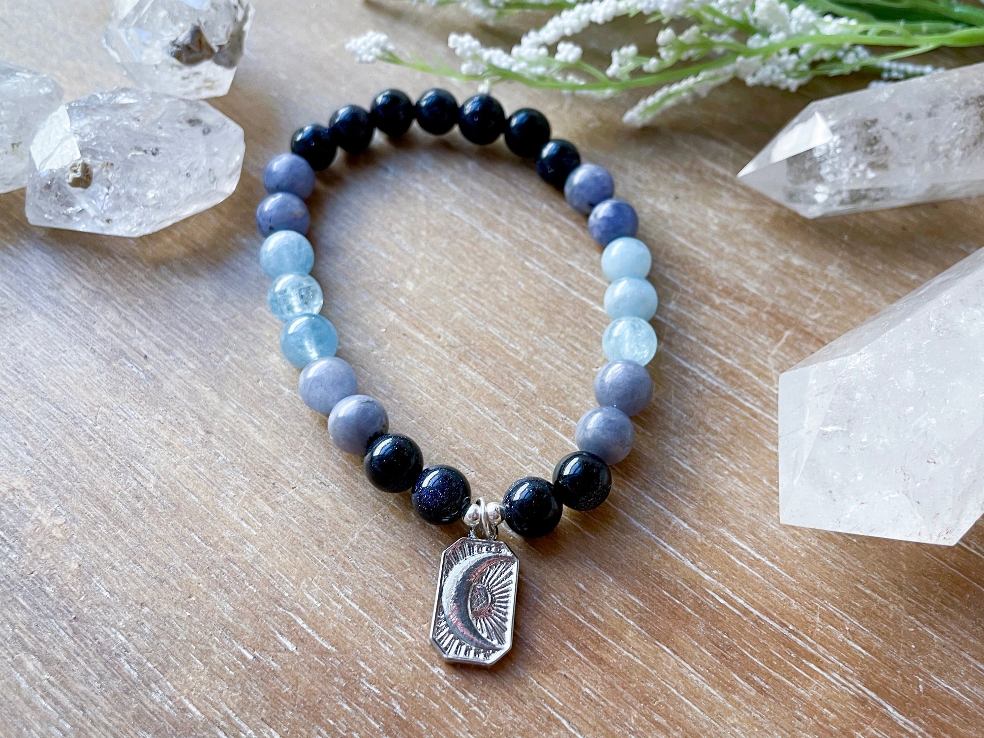 Blue Sandstone, Tanzanite & Aquamarine Moon Beaded Bracelet || Reiki Infused