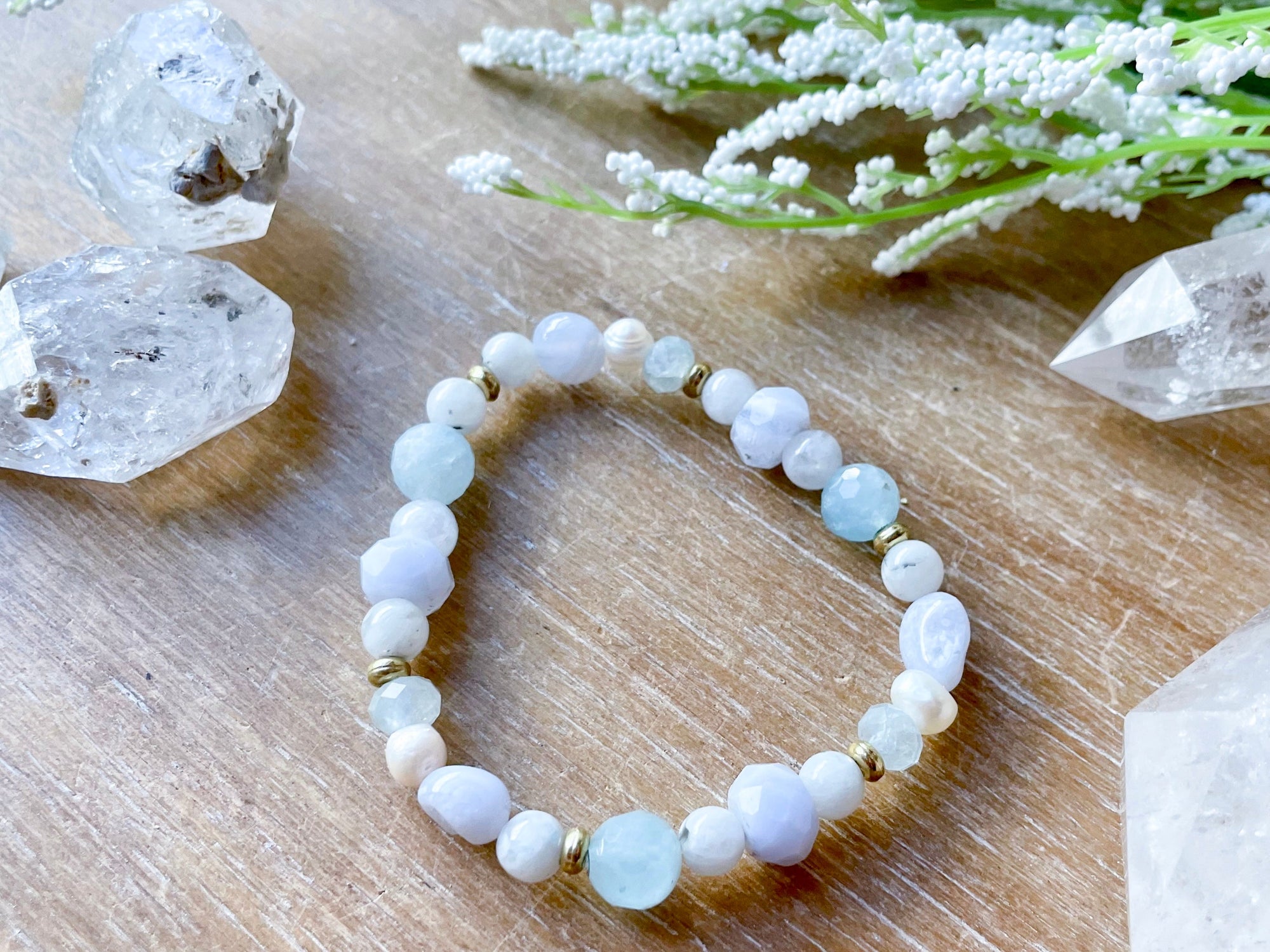 Blue Lace Agate, Aquamarine & Moonstone Beaded Bracelet || Reiki Infused