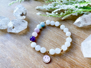 Milky Quartz Smiley Beaded Bracelet || Reiki Infused