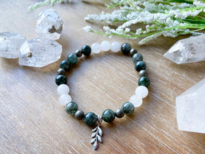 Green Quartz, Milky Quartz & Pyrite Vine Beaded Bracelet || Reiki Infused