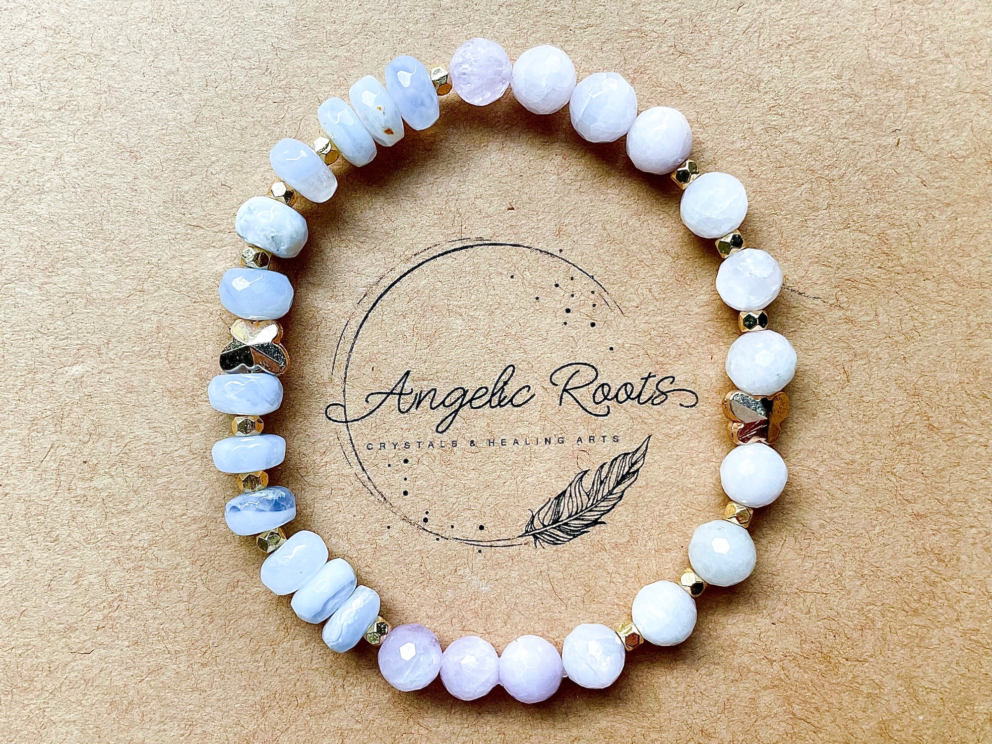 Spring Collection || Blue Lace Agate & Faceted Kunzite with Gold Butterfly Charm Beaded Bracelet