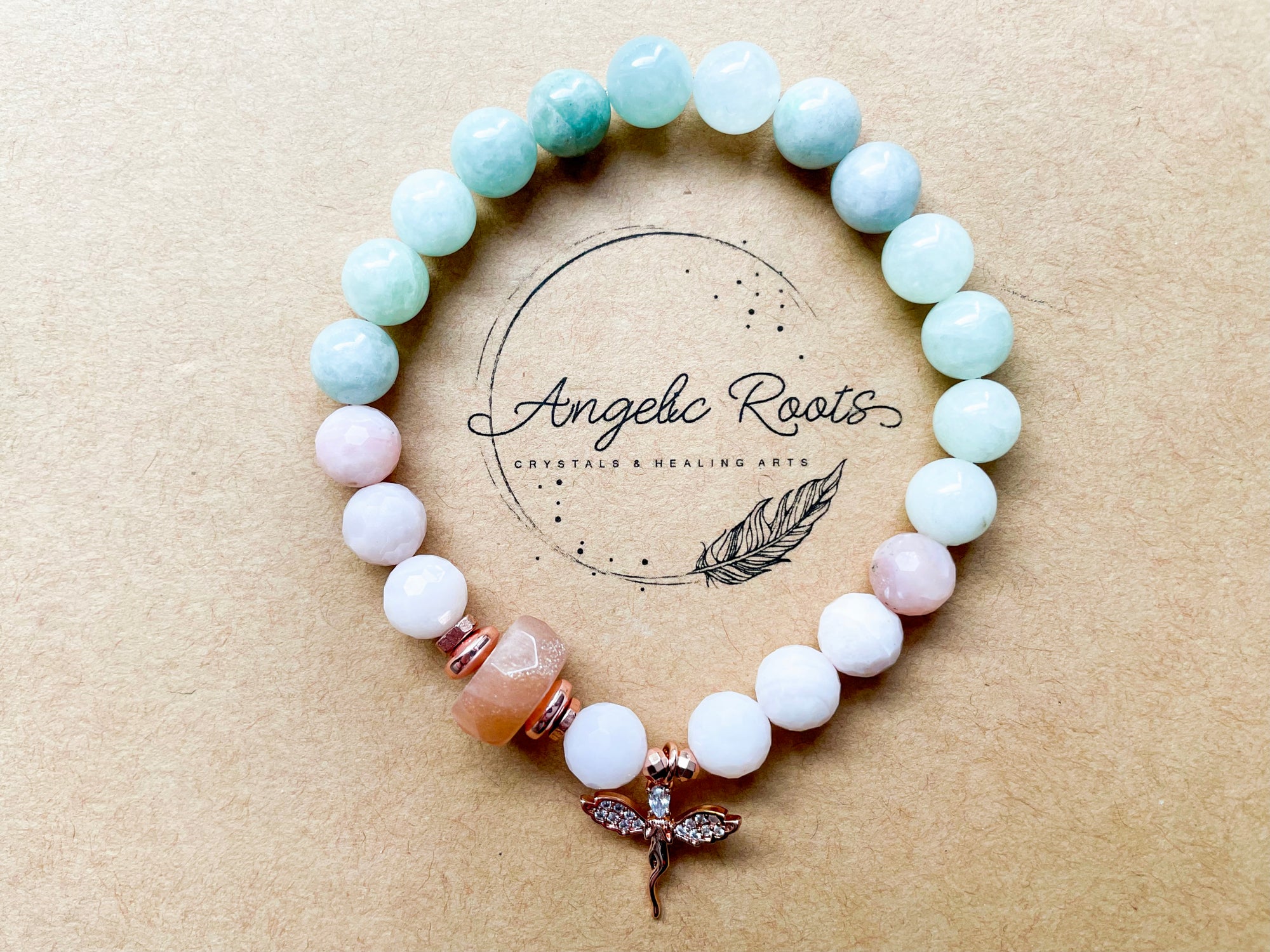 Spring Collection || Burmese Jade, Pink Opal & Peach Moonstone with Fairy Charm Beaded Bracelet