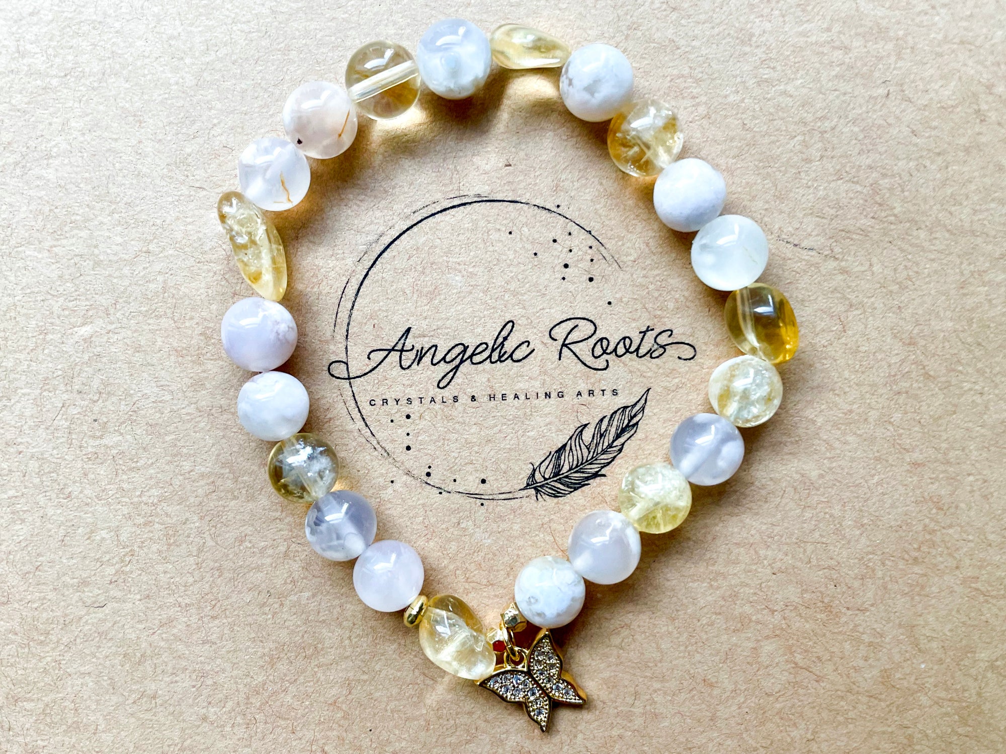 Spring Collection || Flower Agate & Citrine with Butterfly Beaded Bracelet