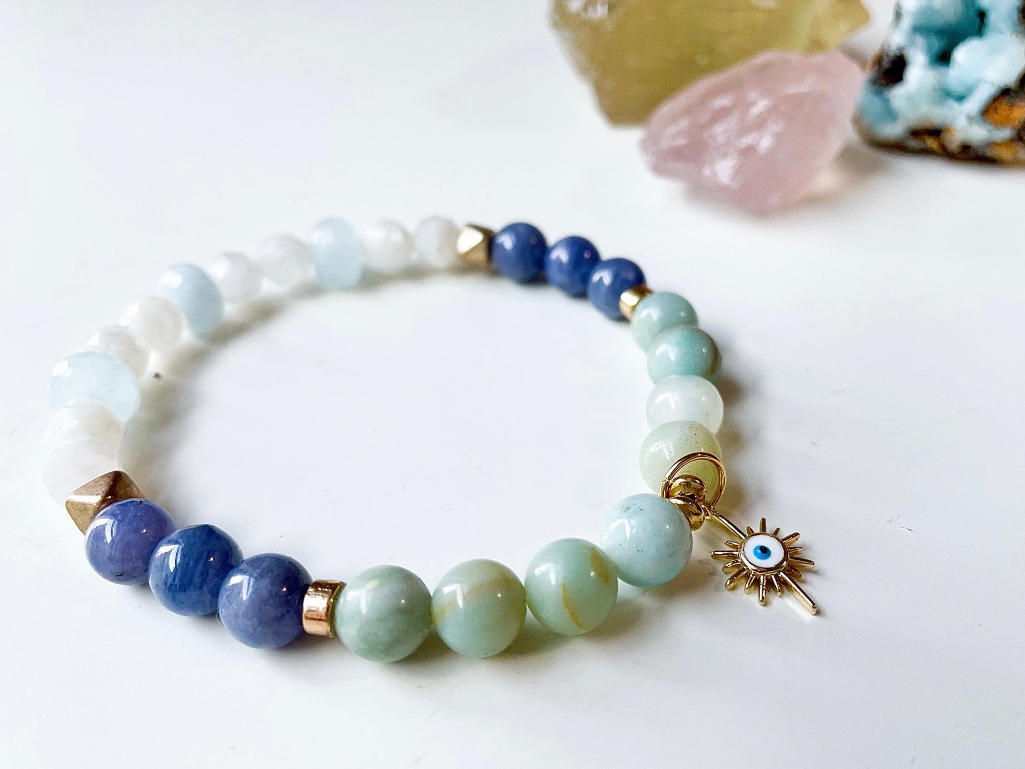 Spring Collection || Amazonite, Tanzanite, Moonstone & Aquamarine Evil Eye Beaded Bracelet
