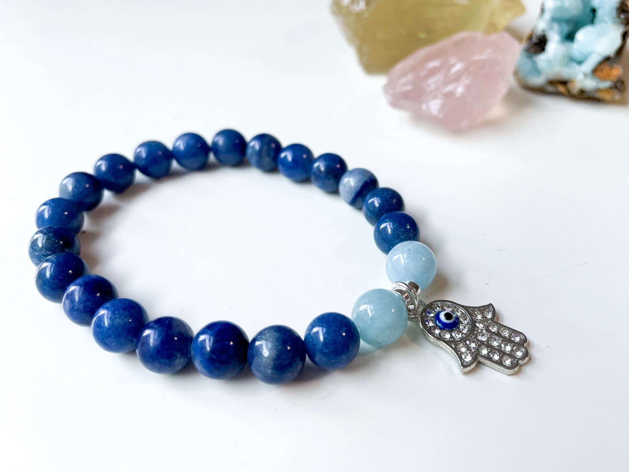 Spring Collection || Blue Aventurine, Aquamarine & Hamsa Charm Beaded Bracelet