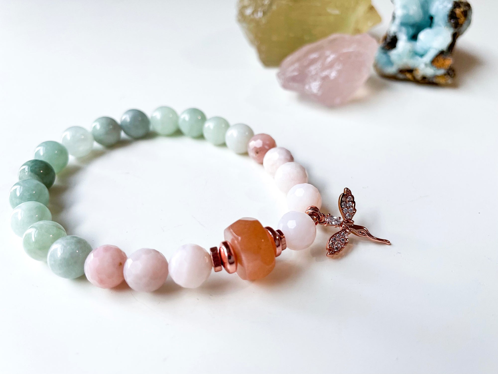 Spring Collection || Burmese Jade, Pink Opal & Peach Moonstone with Fairy Charm Beaded Bracelet