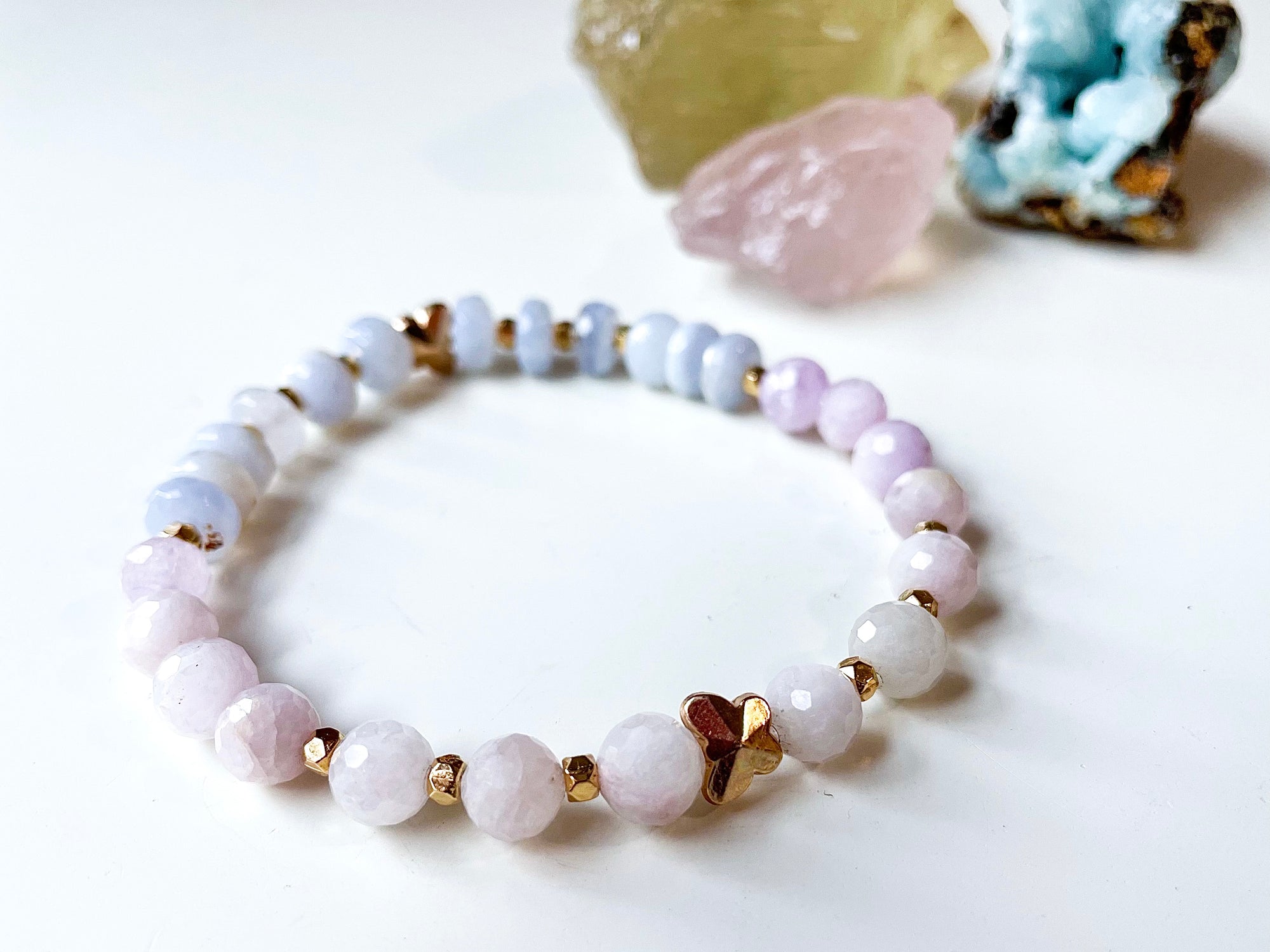 Spring Collection || Blue Lace Agate & Faceted Kunzite with Gold Butterfly Charm Beaded Bracelet