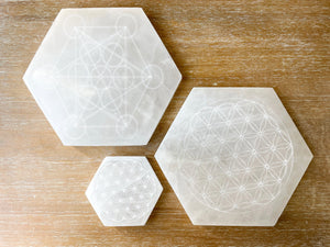 Engraved Selenite Hexagon Charging Plate - Flower of Life/Metatron