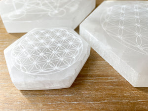 Engraved Selenite Hexagon Charging Plate - Flower of Life/Metatron