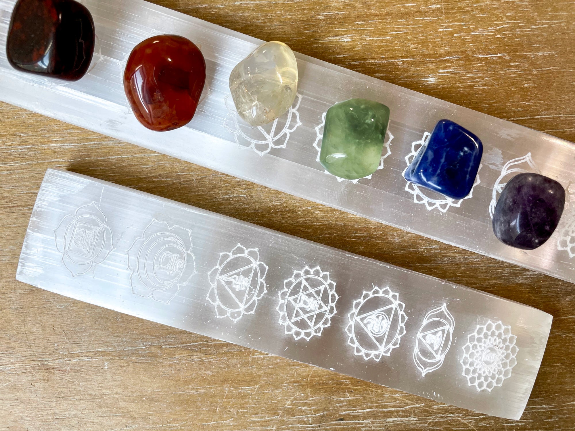 Engraved Chakra Selenite Charging PlateEngraved Chakra Selenite Charging Plate