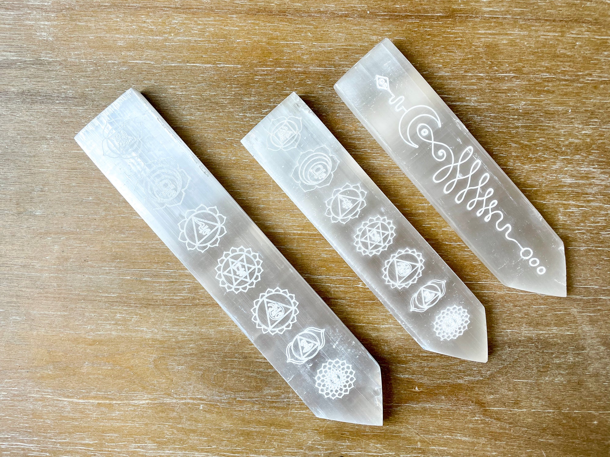 Engraved Selenite Pointed Ruler Charging Plate-Chakra