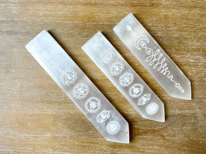 Engraved Selenite Pointed Ruler Charging Plate