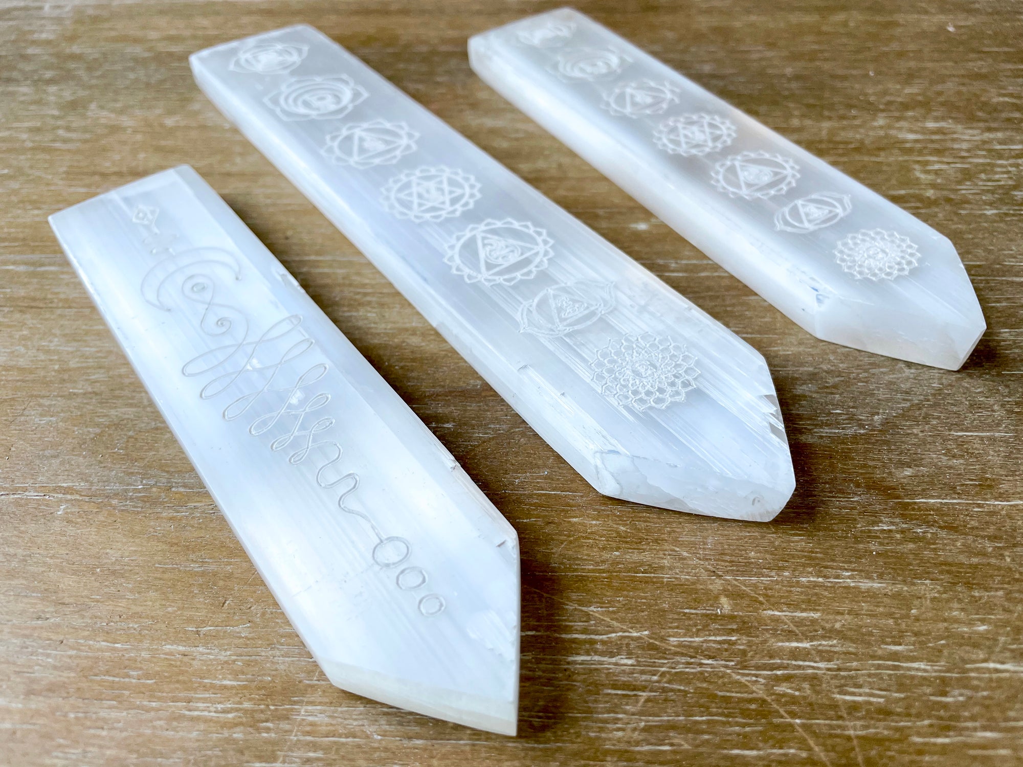 Engraved Selenite Pointed Ruler Charging Plate