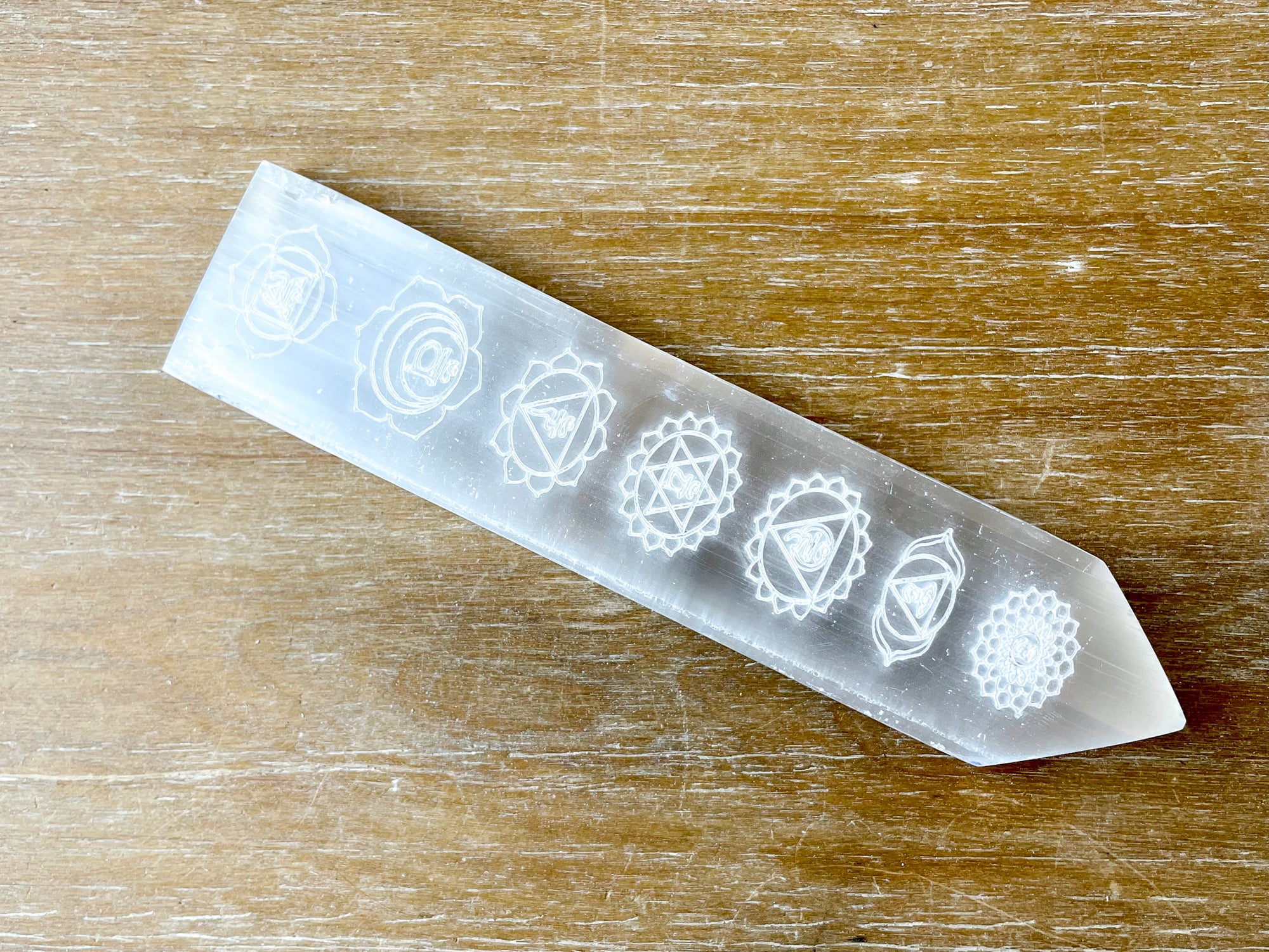 Engraved Selenite Pointed Ruler Charging Plate-Chakra