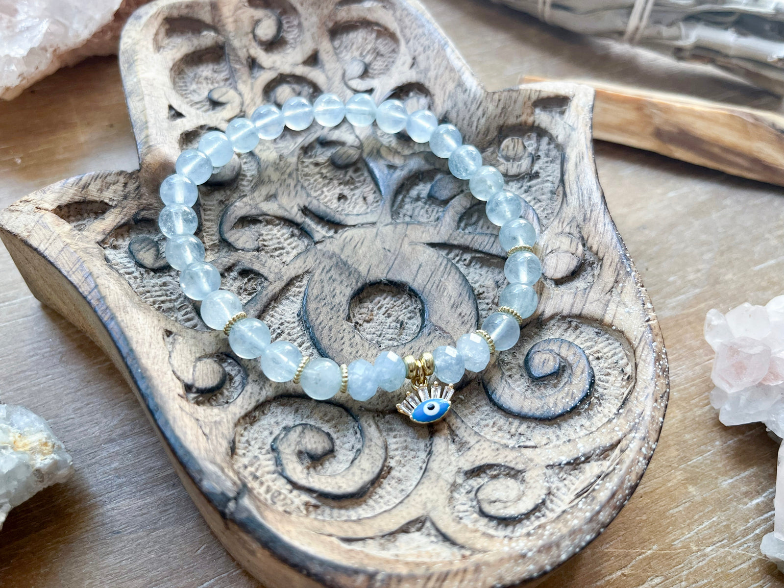 Products 6mm Aquamarine Beaded Bracelet || Blue Evil Eye Charm || Reiki Infused