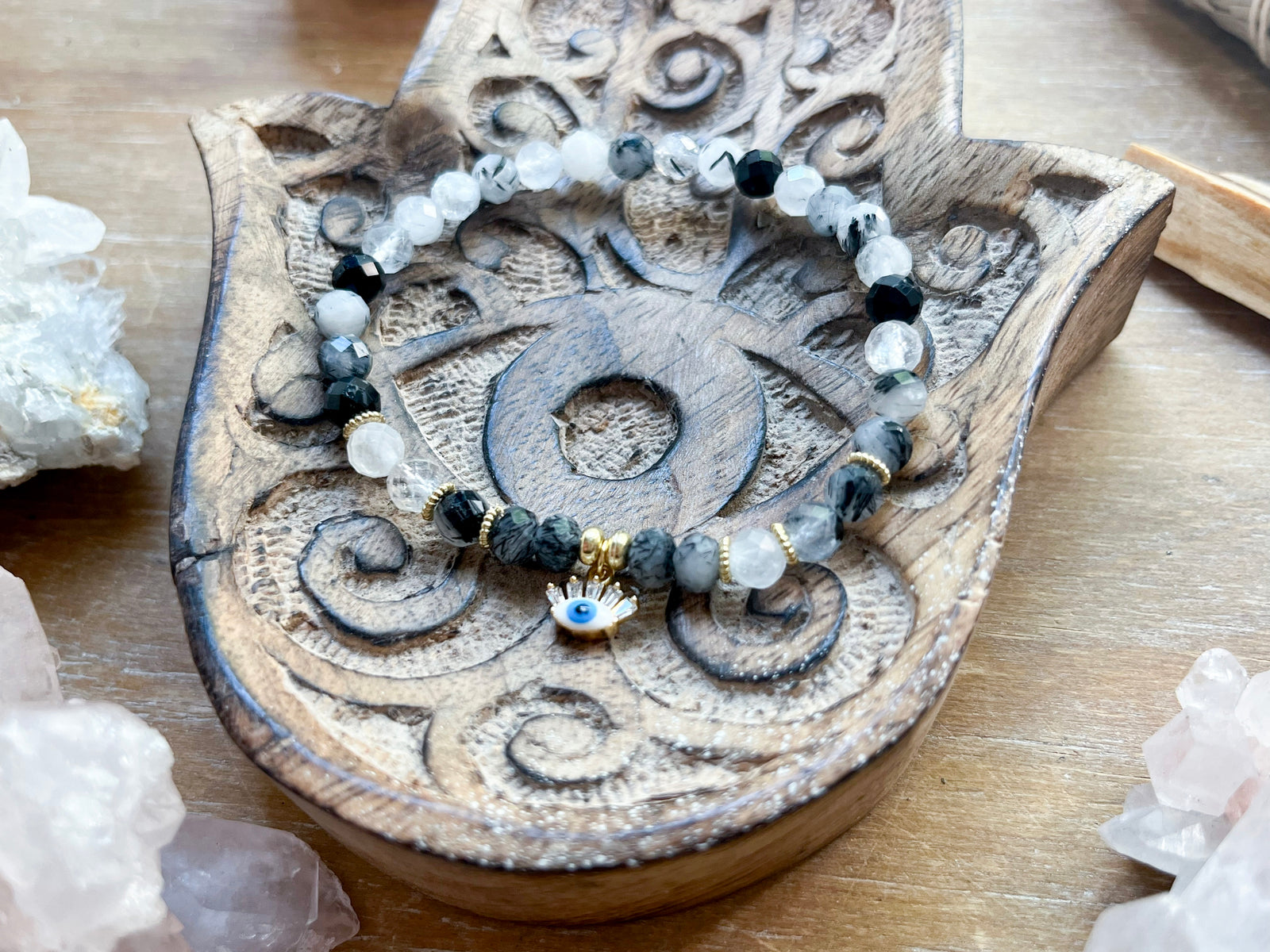 6mm Tourmalinated Quartz Beaded Bracelet || White Evil Eye Charm || Reiki Infused