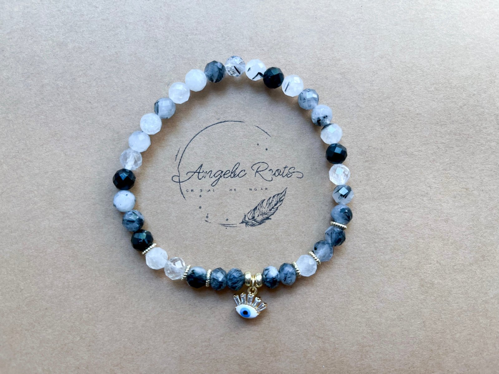 6mm Tourmalinated Quartz Beaded Bracelet || White Evil Eye Charm || Reiki Infused