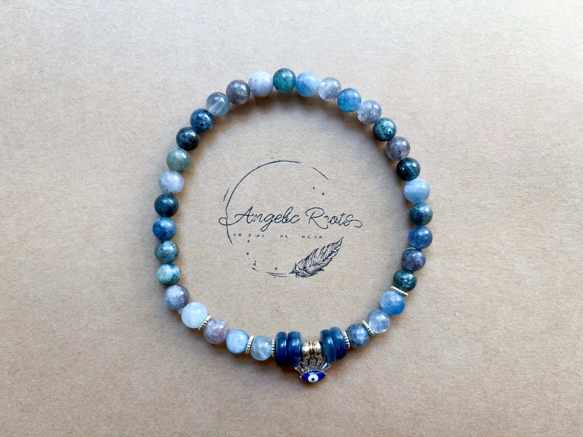 6mm Kyanite Beaded Bracelet || Black Evil Eye Charm || Reiki Infused