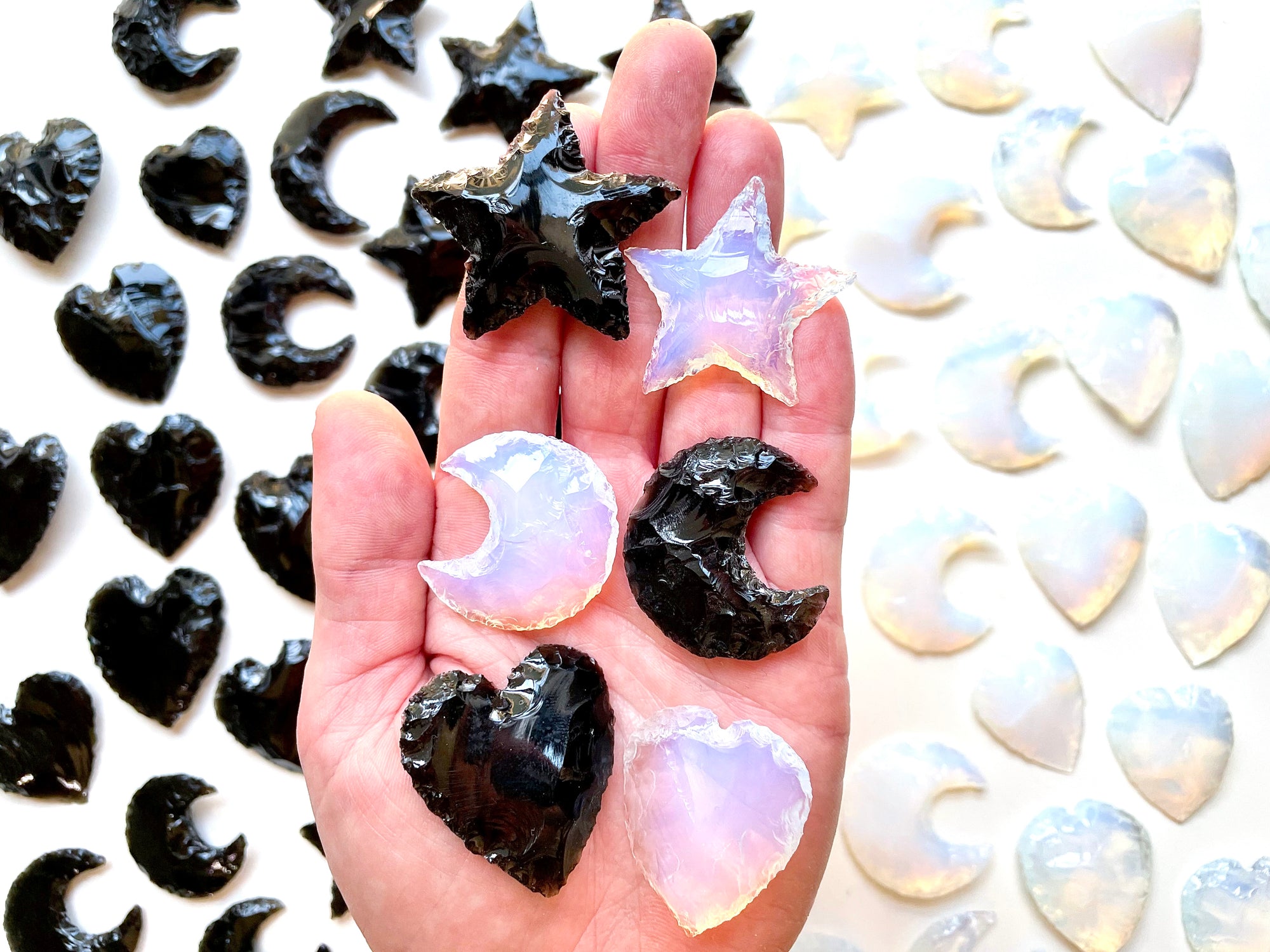 Opalite & Obsidian Carving || Moon, Star & Heart