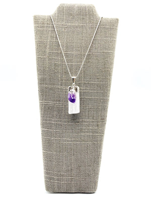 Selenite & Amethyst Silver Dipped Pendant Necklace