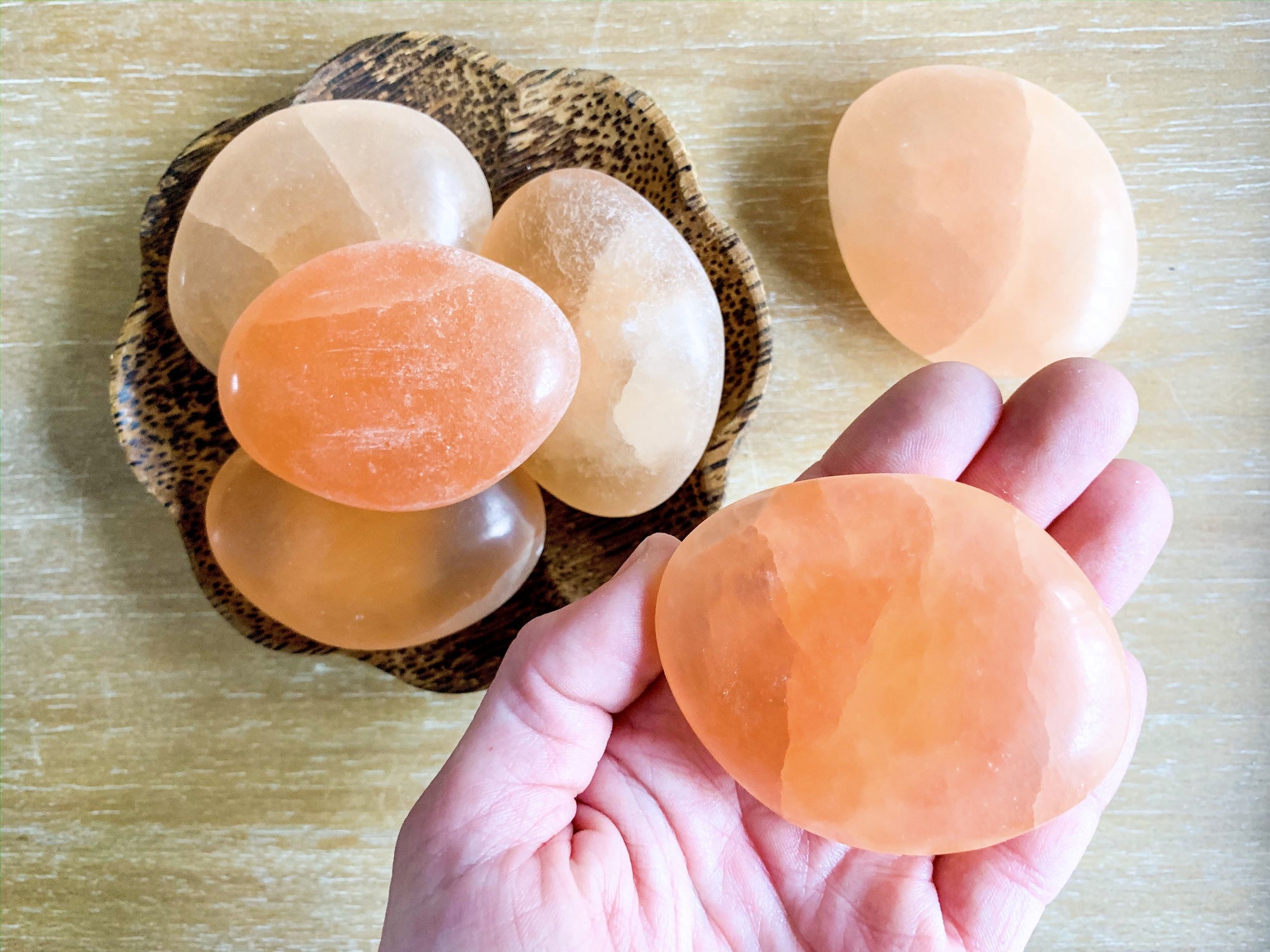 Peach Selenite Palm Stone