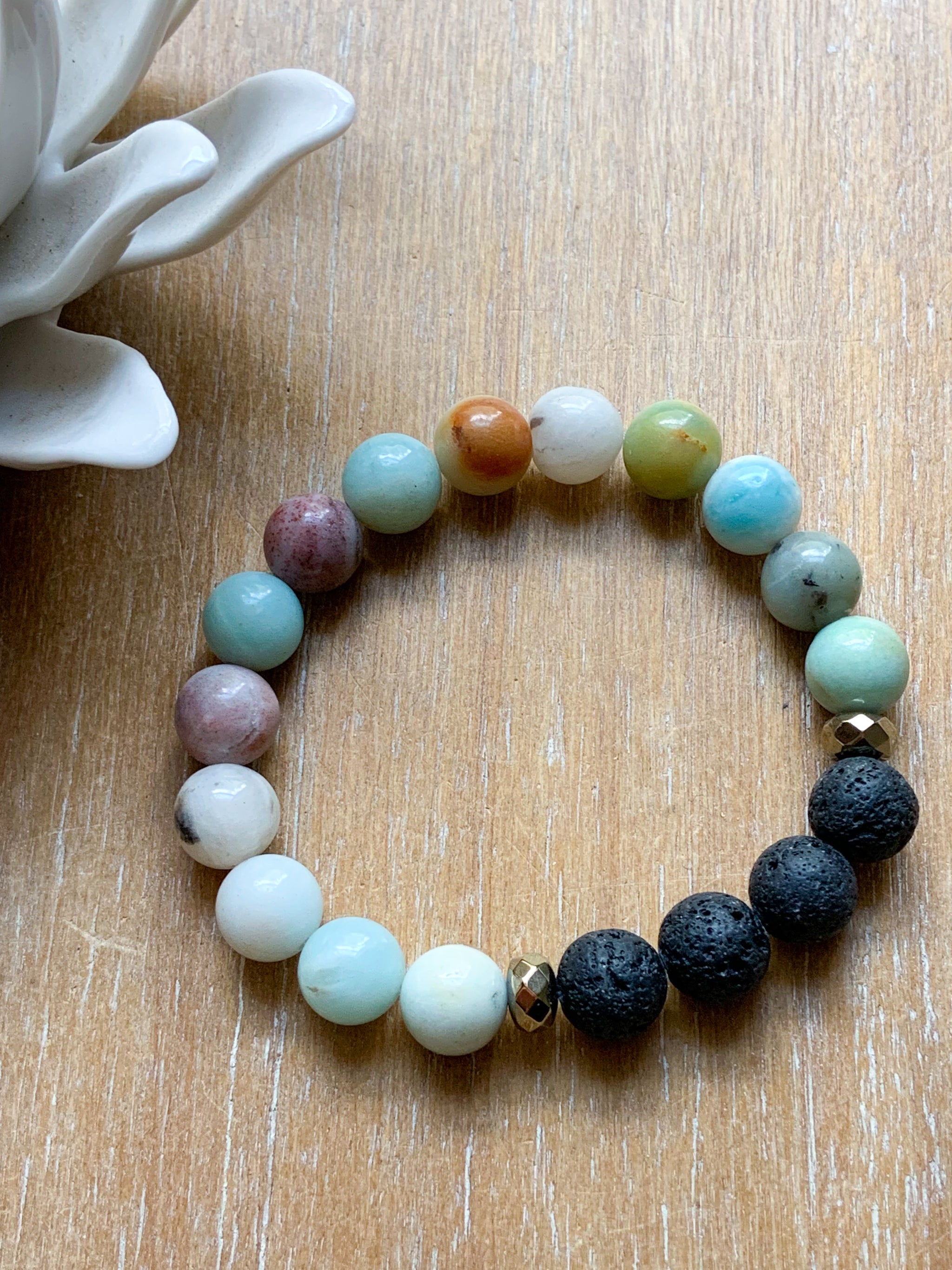 Amazonite and Lava 10 mm Natural Crystal Boho Bracelet Reiki Infused 6.5