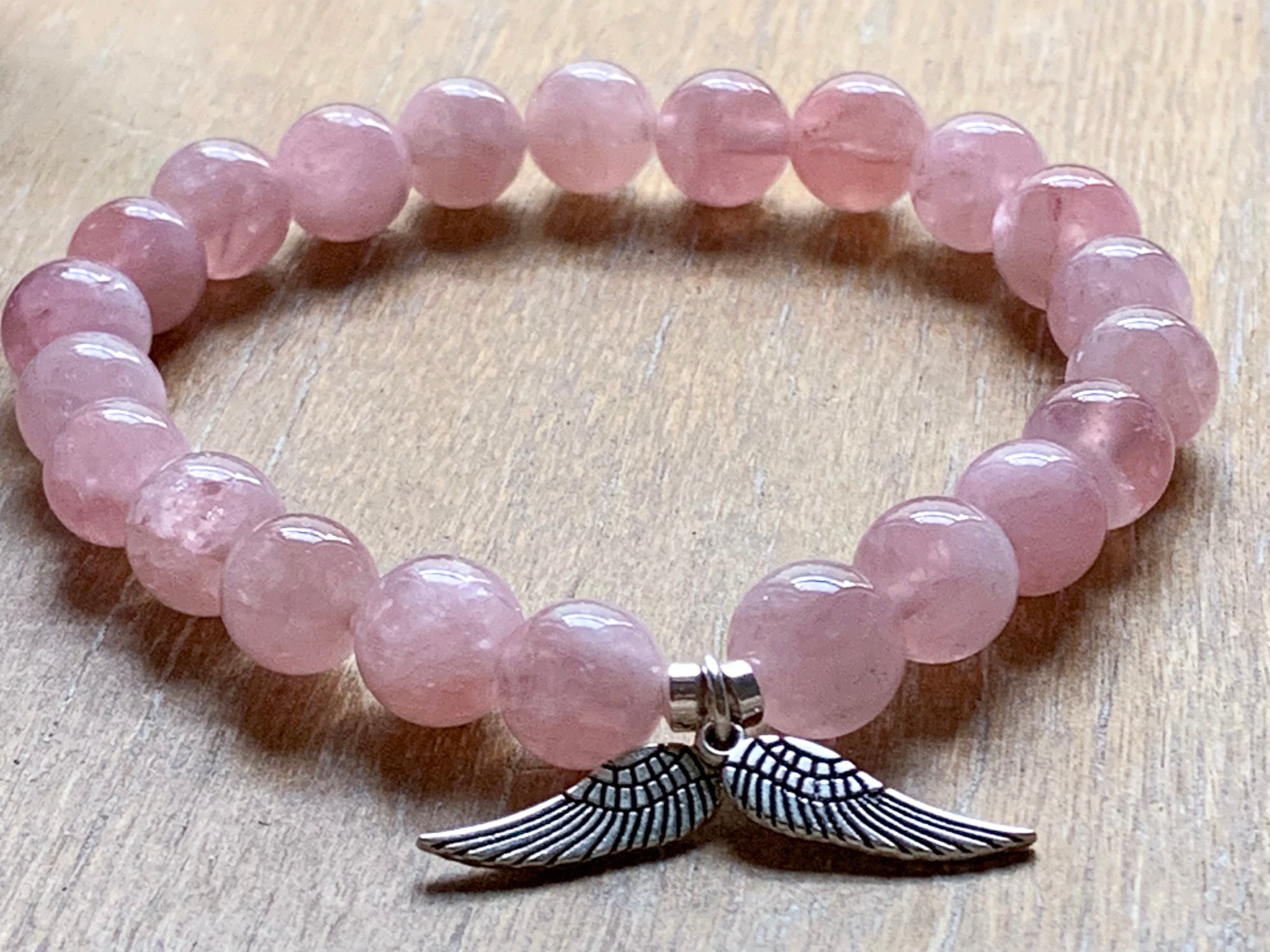 Rose Quartz & Angel Wings Natural Crystal Bracelet || Reiki Infused