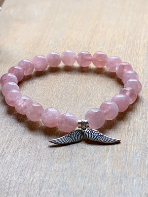 Rose Quartz & Angel Wings Natural Crystal Bracelet || Reiki Infused