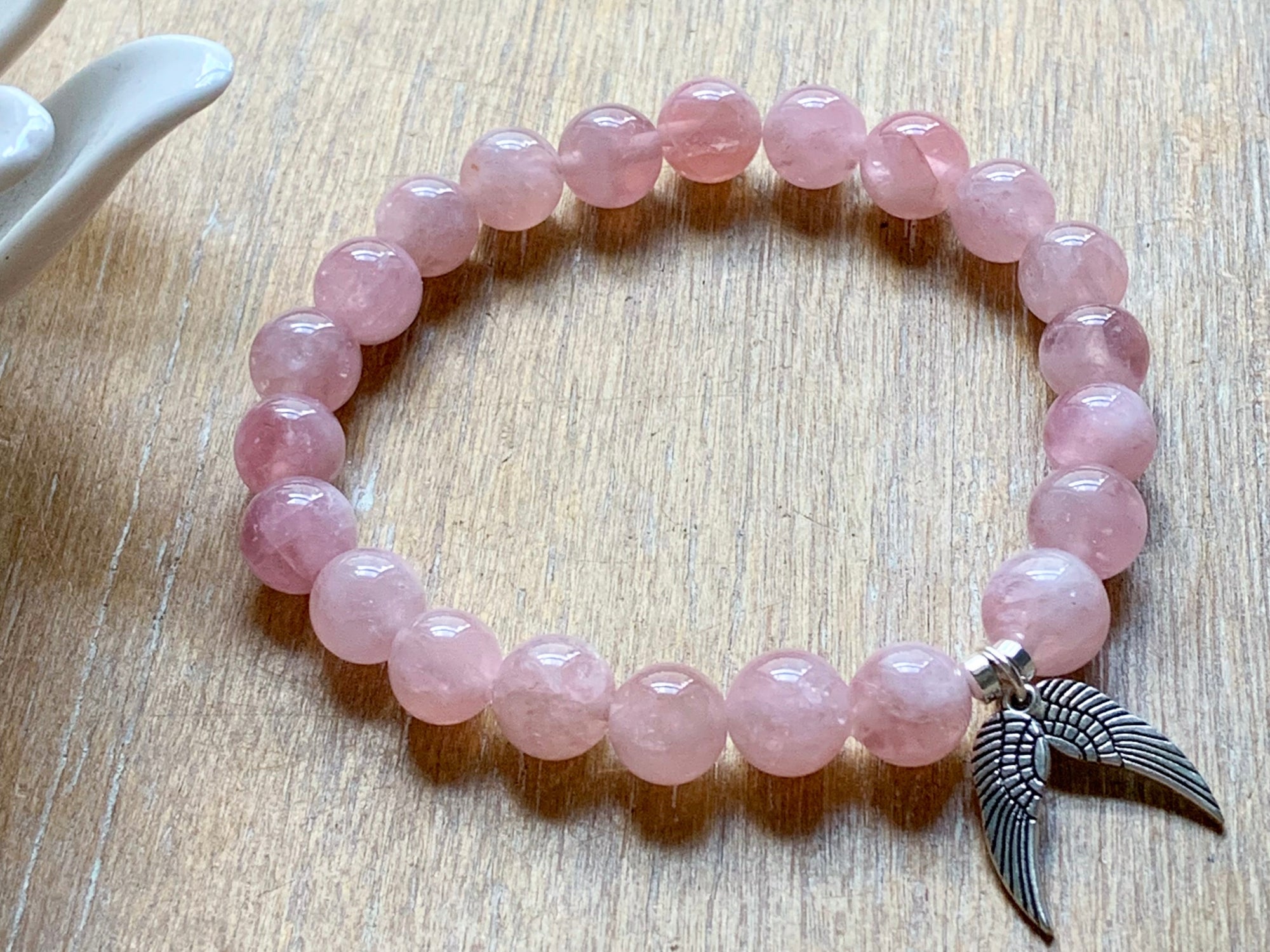 Rose Quartz & Angel Wings Natural Crystal Bracelet || Reiki Infused