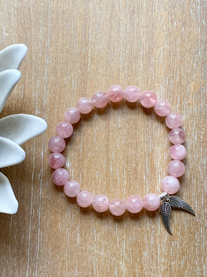 Rose Quartz & Angel Wings Natural Crystal Bracelet || Reiki Infused