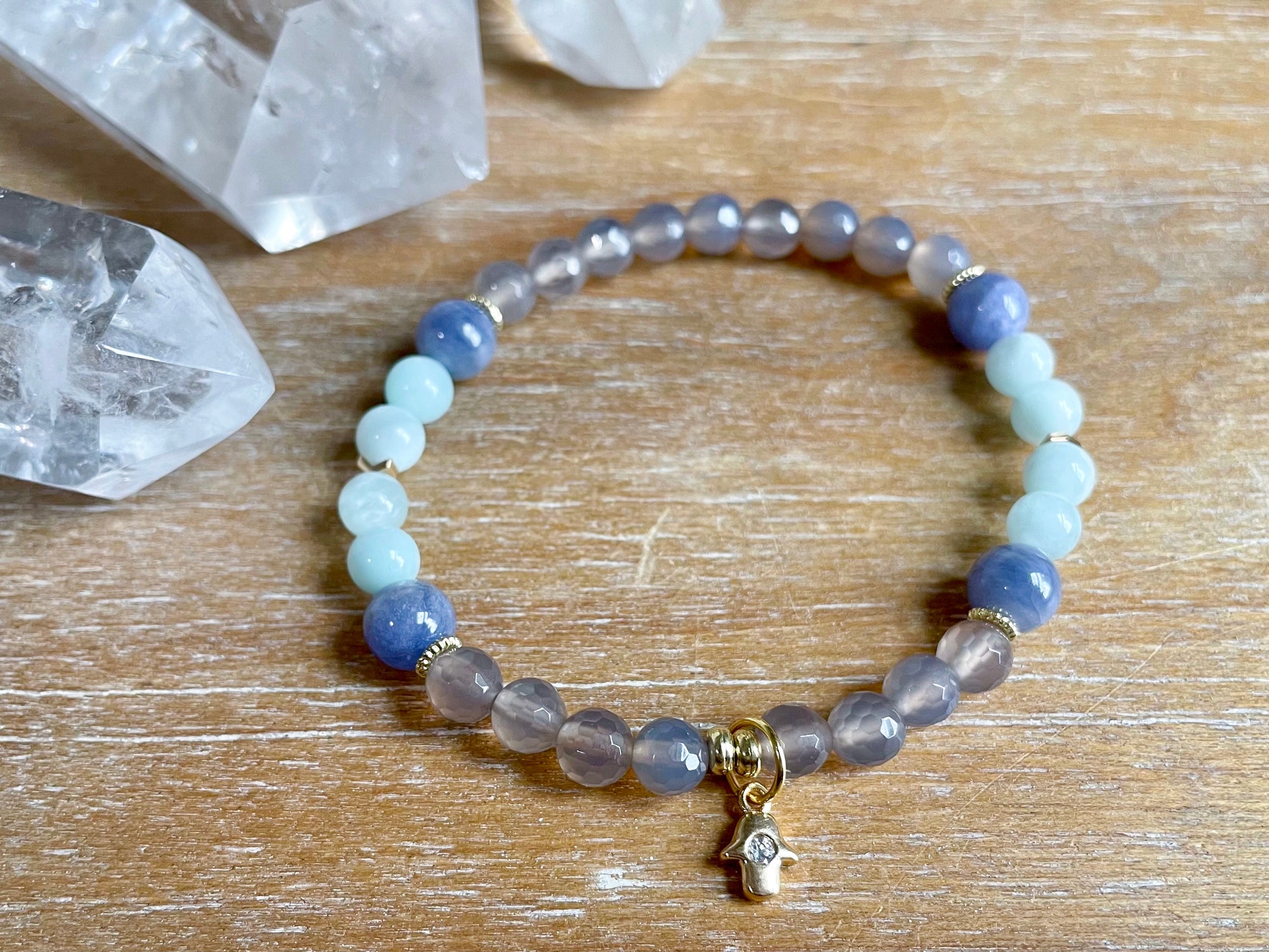 Green Angelite, Tanzanite & Gray Agate Beaded Bracelet || Reiki Infused