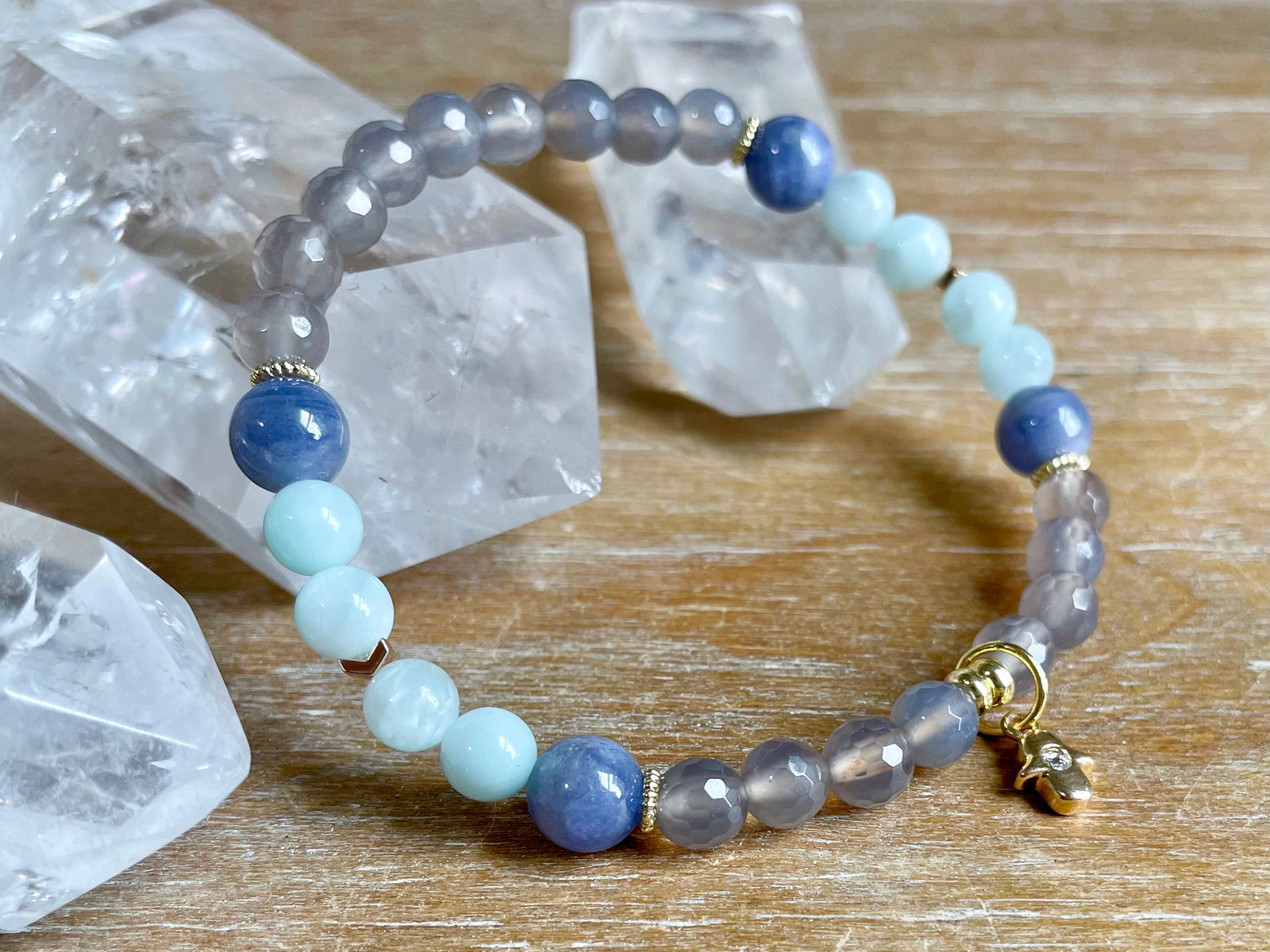 Green Angelite, Tanzanite & Gray Agate Beaded Bracelet || Reiki Infused
