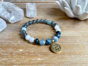 Evil Eye Protection || Lemurian Aqautine Calcite, Kyanite, Labradorite, Apatite & Moonstone Faceted Bracelet || Reiki InfusedEvil Eye Protection || Lemurian Aqautine Calcite, Kyanite, Labradorite, Apatite & Moonstone Bracelet || Reiki Infused